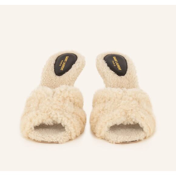 Saint Laurent Tribute 85 39.5/US 9.5 Shearling Sandals Natural Stiletto Heel NIB - Picture 2 of 12